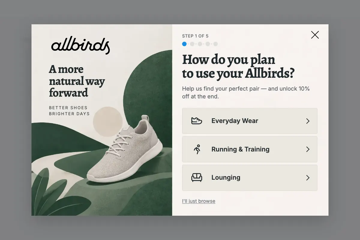 Az ügynök által az allbirds.com-nak készített kvíz popup